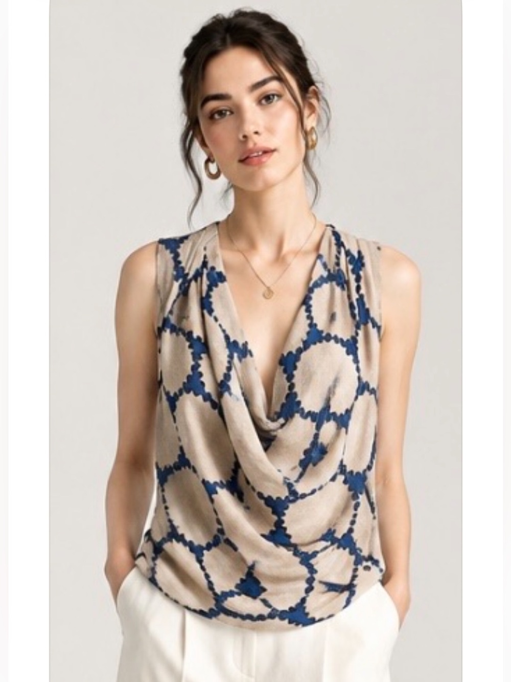 DIANE VON FURSTENBERG 100% Silk Blouse Cowl V Neck Sleeveless Beige Blue